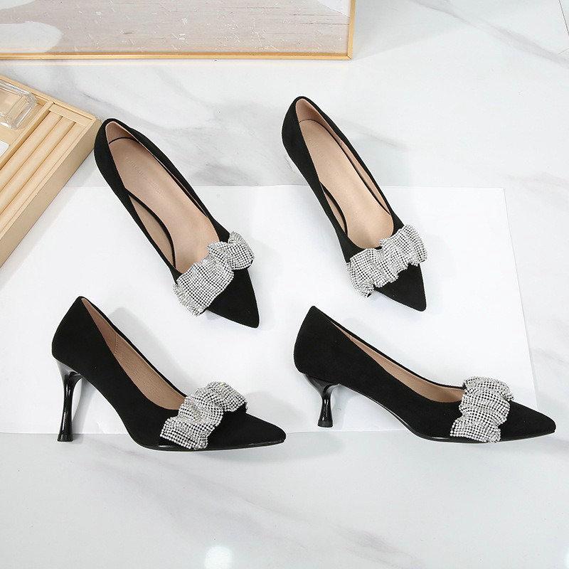 High Heels Bow Suede Pointy Temperament Rhinrhine-Style Young Women'S Single Shoes Glass With Commuter High Sense