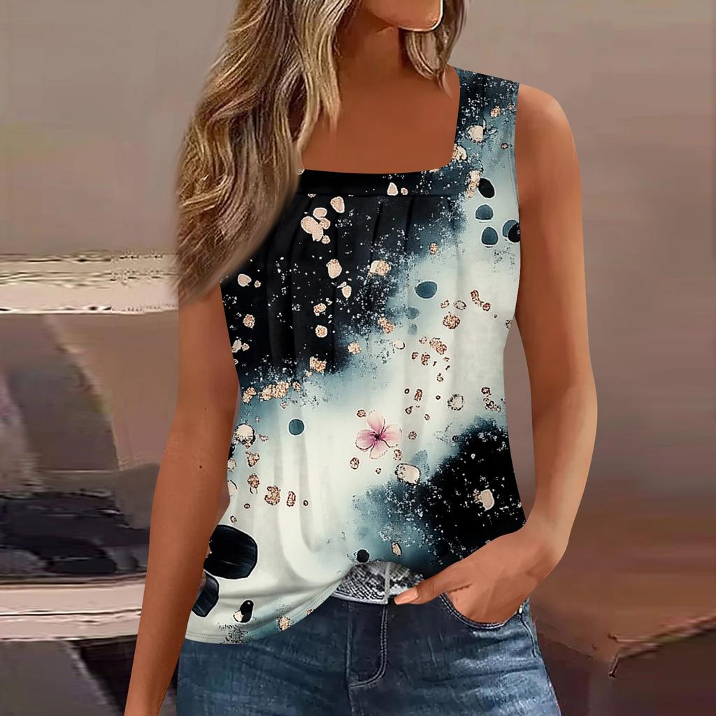 Women's Summer Casual Pleated Square Neck Sleeveless Tank Top Printed T-Shirt