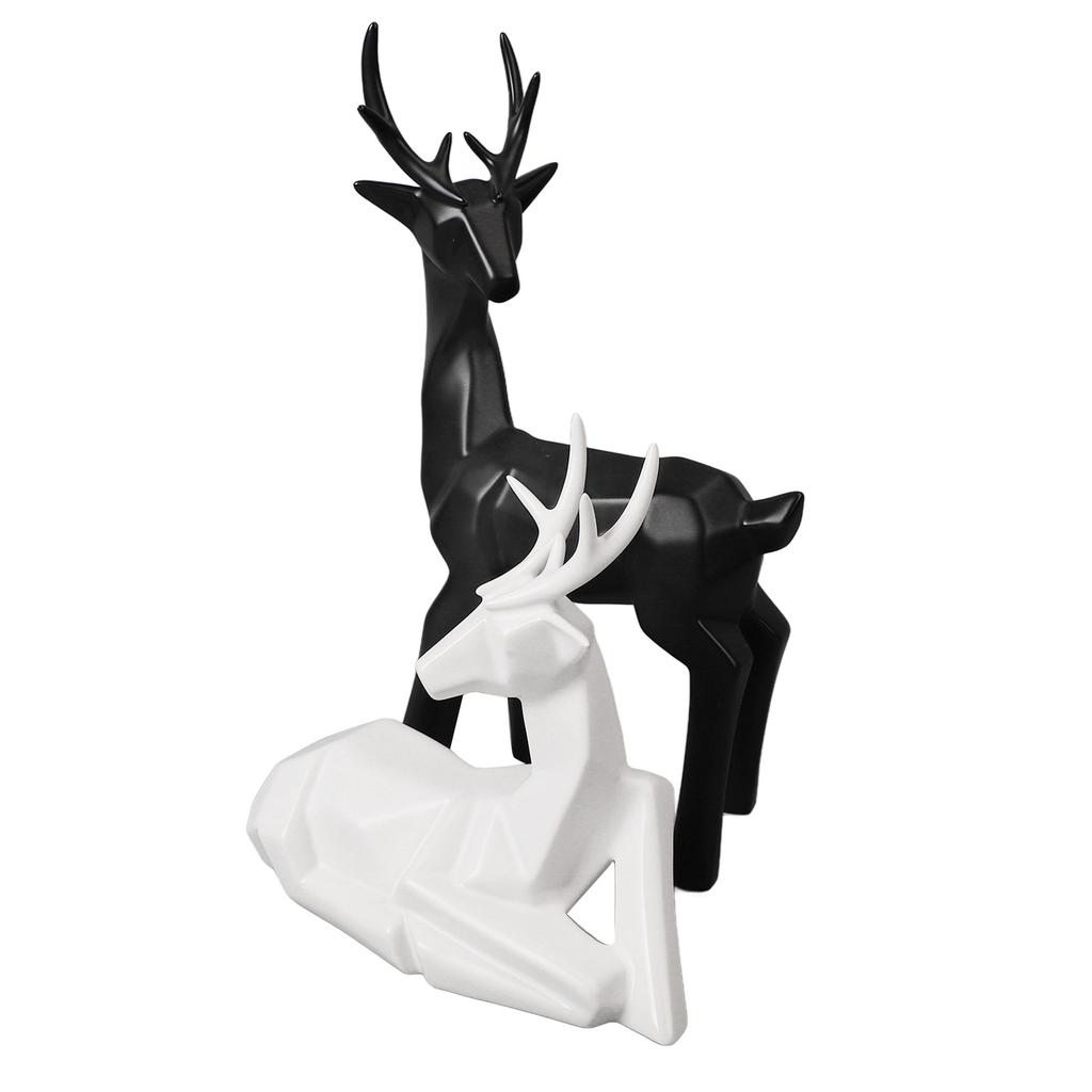 2Pcs Christmas Reindeer Figurines Elegant Lines Geometric Ceramic Stable Elk Sculpture for Family
