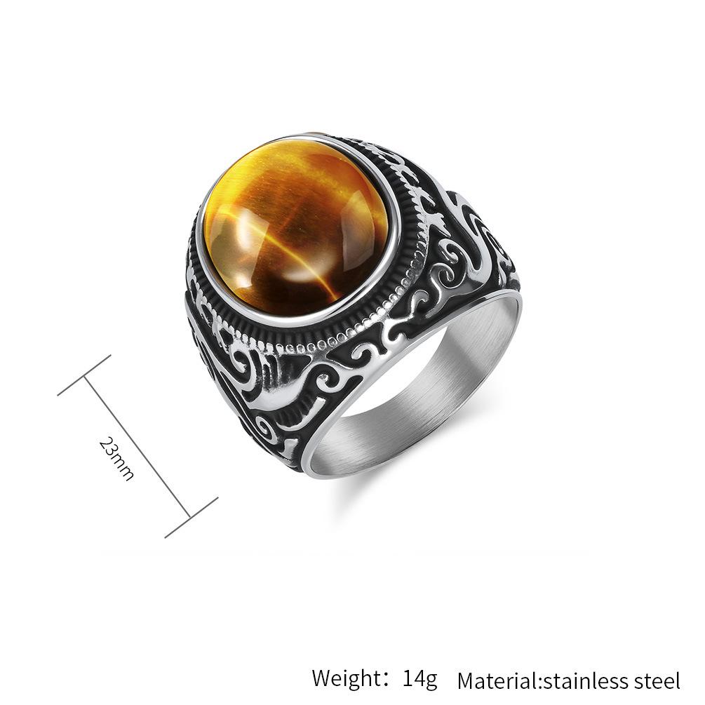 Vintage Carved Men's Ring with Tiger Eye  Turquoise Stone Inlay Black White Stainless Steel Thumb Ring Bohemian Style Jewelry for Him