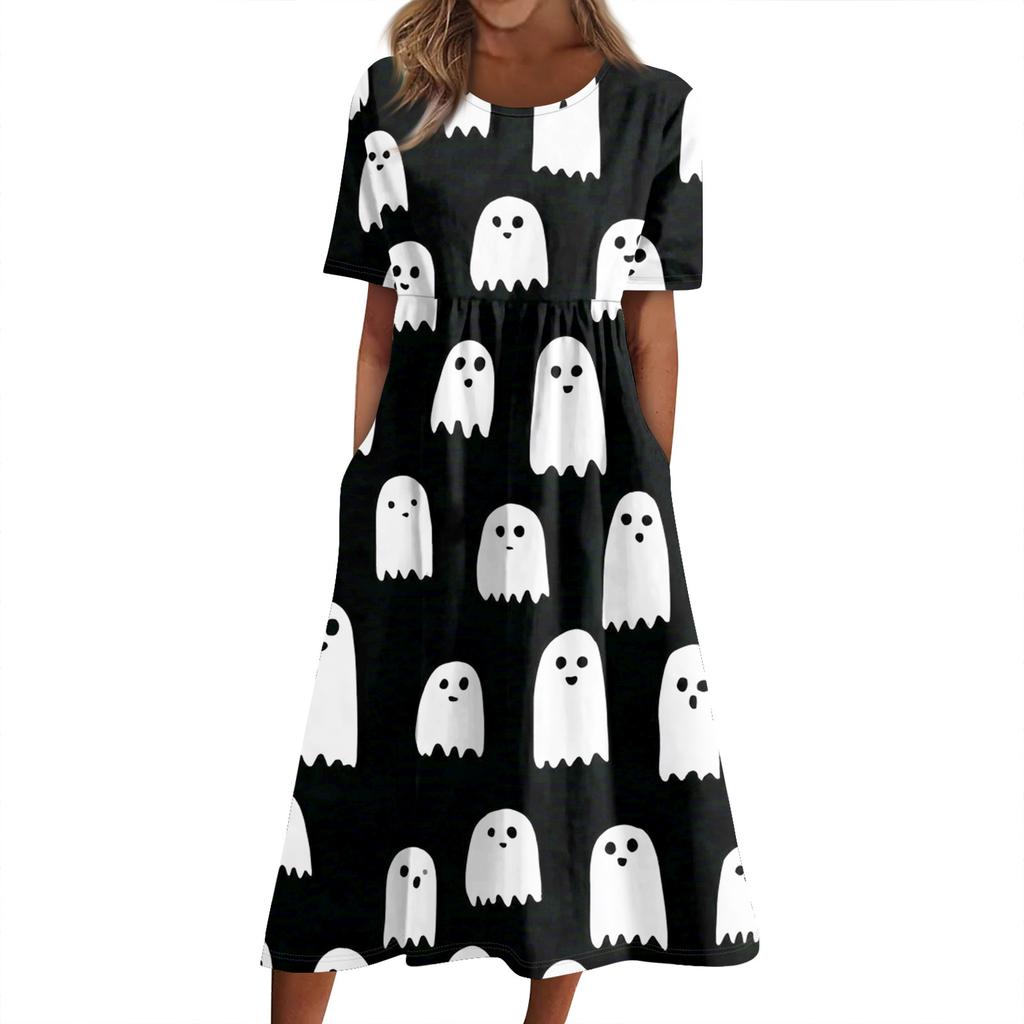 Sommerkleid für Damen, lässig, bedruckt, kurzärmlig, Strand-Swing-Kleid