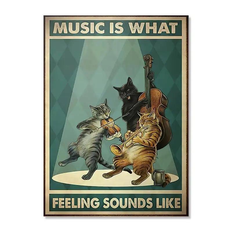 Vintage Black Cat Canvas Painting Funny Art Animal Reading Drinking Coffee Posters Living Room Decor
