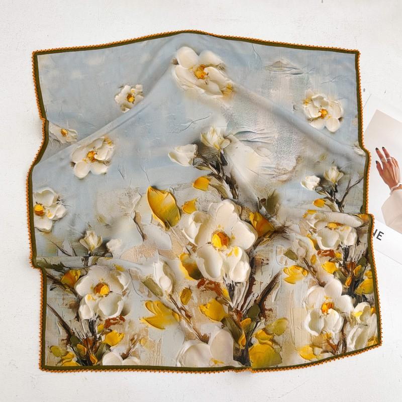 100% Silk Crepe Square Scarf Women Fashion Office Decorative Lace Neckerchief