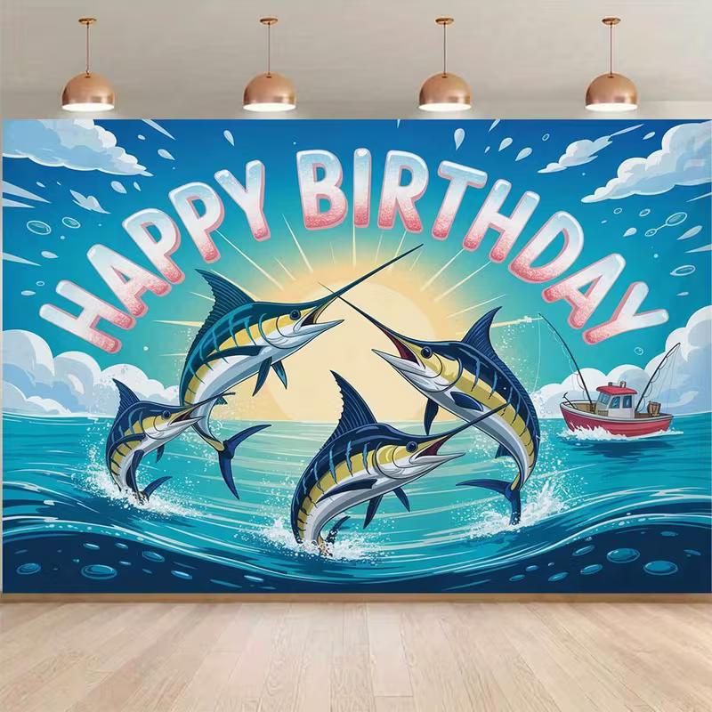 2D Marlin Fishing Birthday Backdrop Ocean Themed Photography Background