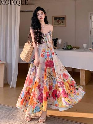 MODIQUE Yaz Kadın Zarif Çiçek Baskı Renkli Kolsuz Backless Elbiseler Girly Halter Tatil Uzun Elbiseler Lady Fairycore Tatlı Atmosfer Elbise