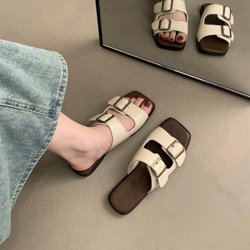 Popular spot foreign trade flat-bottomed slippers women's 2025 new summer wear premium leather slippers beach cool slippers