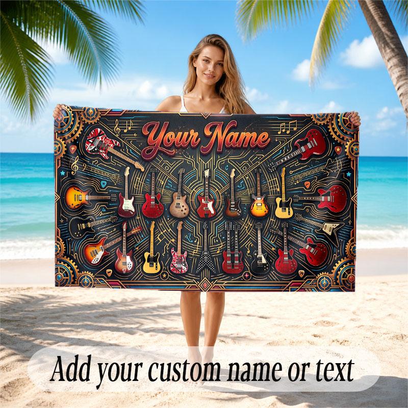Music Guitar Theme Beach Towel Personalized Custom Name & Text Soft Quick Dry Beach Towel for Swimming Travel