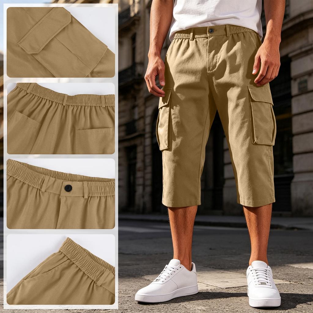 Heren Effen Kleur Knopen Elastische Taille Cargo Capri Broek met Zes Zakken Werkkleding Stijl Casual Pasvorm