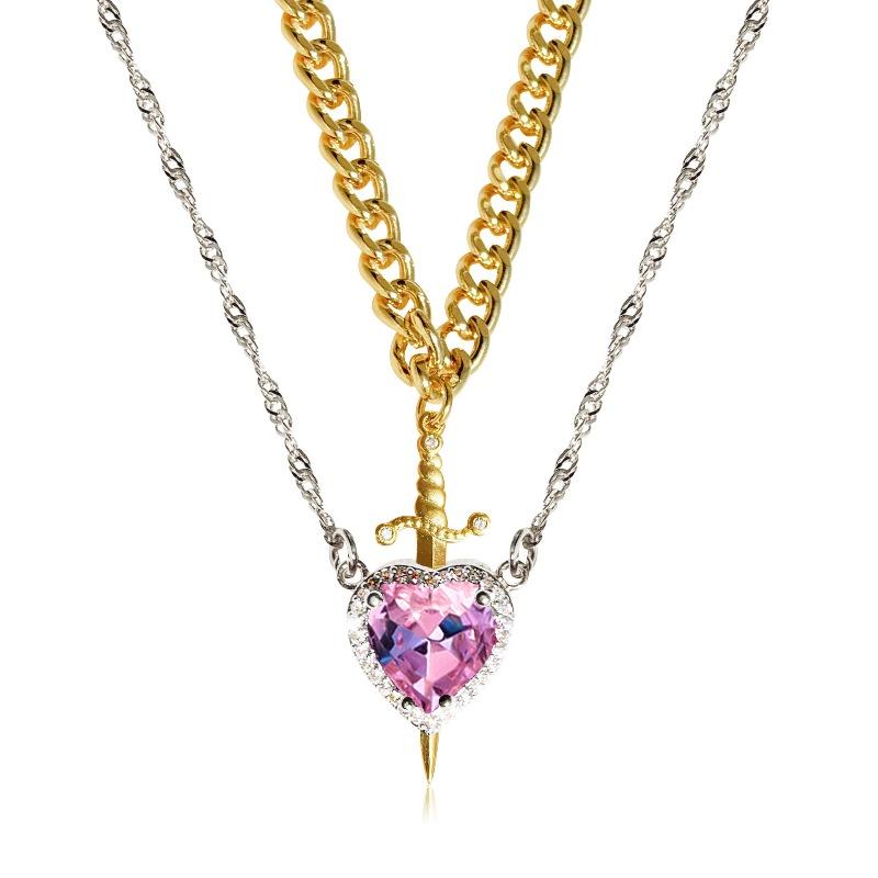 Crystal Heart-shaped Dagger Pendant Layered Necklace Design-inspired Collar Chain for Women