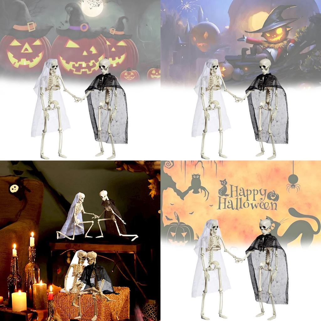 Festive Halloween Skeleton Couple Decorative Props Realistic Plastic Bride Groom Design 21x10cm