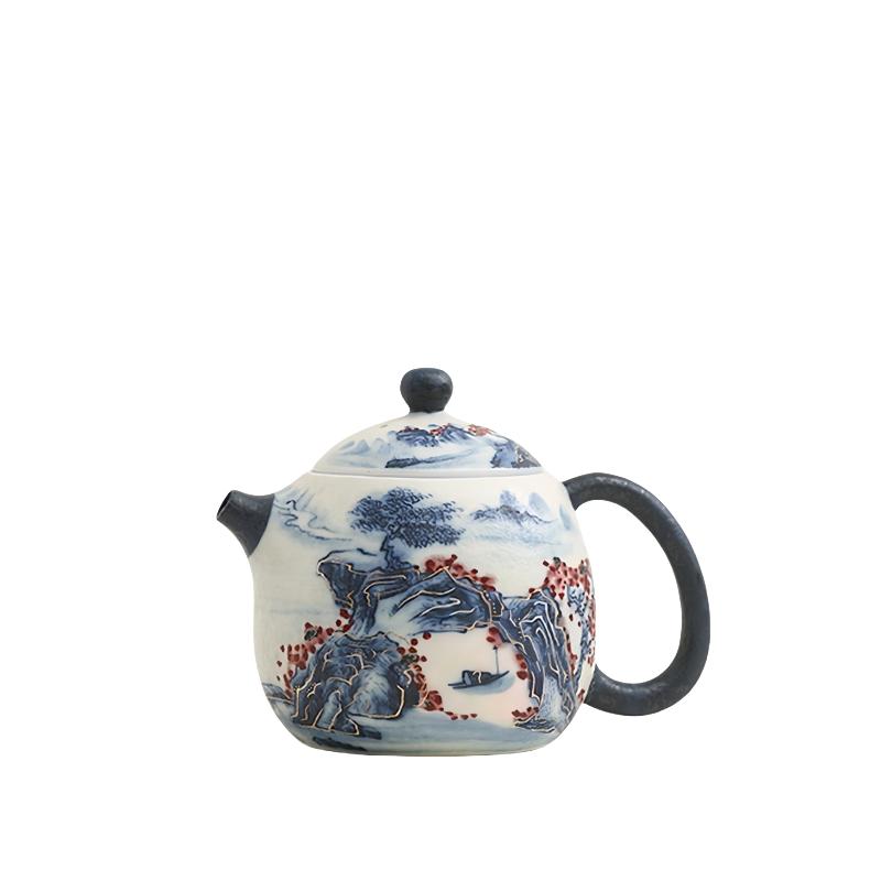 180ml Blue And White Landscape Pattern Retro Glazed Teapot Chinese Ceramic Tea Kettle Tea Ceremony Tea Maker Kung Fu Tea Pot