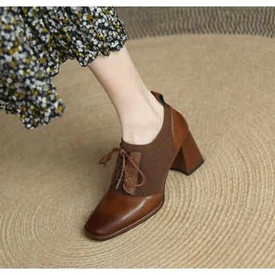 Fashion 2025 New Thick Heel High Heels Women's Spring and Autumn Naked Boots Brown Knitted British Style Lace Up Small Leather Shoes