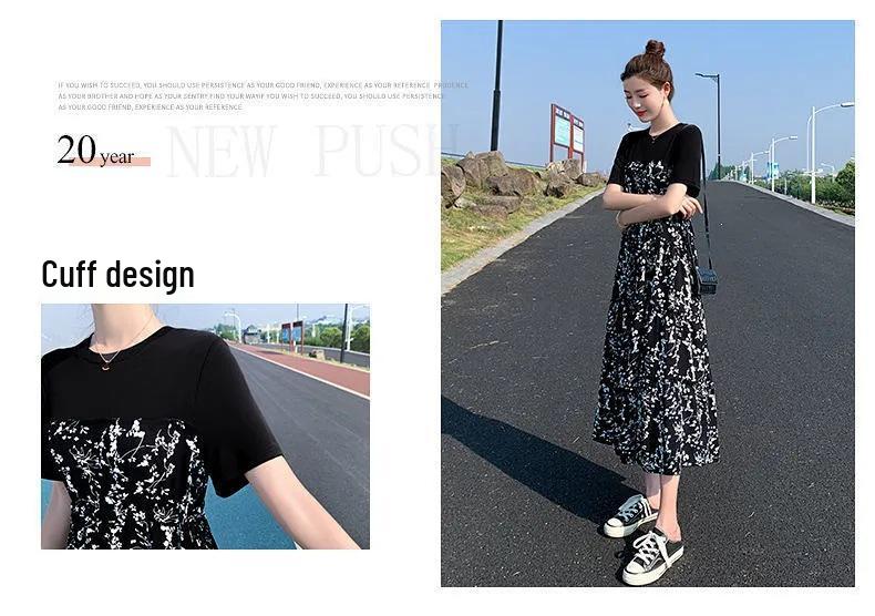 Hepburn Style Women's Floral Patchwork Midi Dress - Elegant High Waist Slimming Skirt for Summer 2026