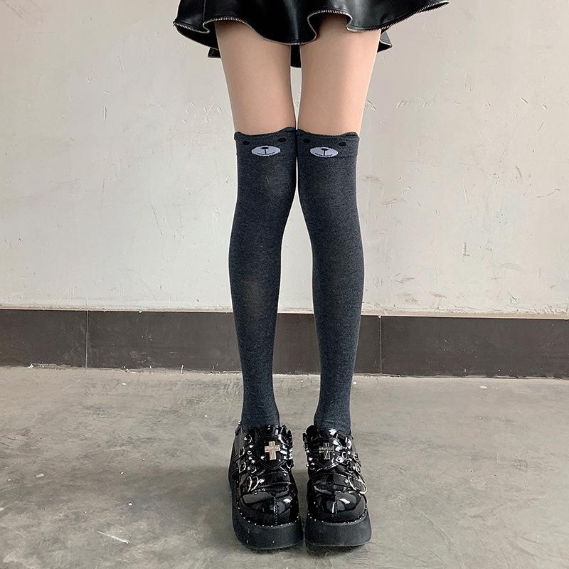 Japanese Soft Cute Girl Cartoon Cat Socks Cute Bear Stockings Spring And Autumn Knee Pure Cotton Gray Socks