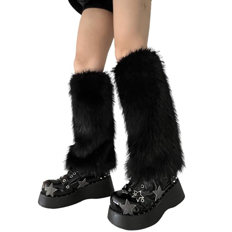 Flauschige Kunstpelz Beinwärmer Pelz Fersen Lange Stiefel Manschetten Abdeckung Hat Elastisch Ein Paar Karneval Stiefelabdeckung Y2K JK Uniform