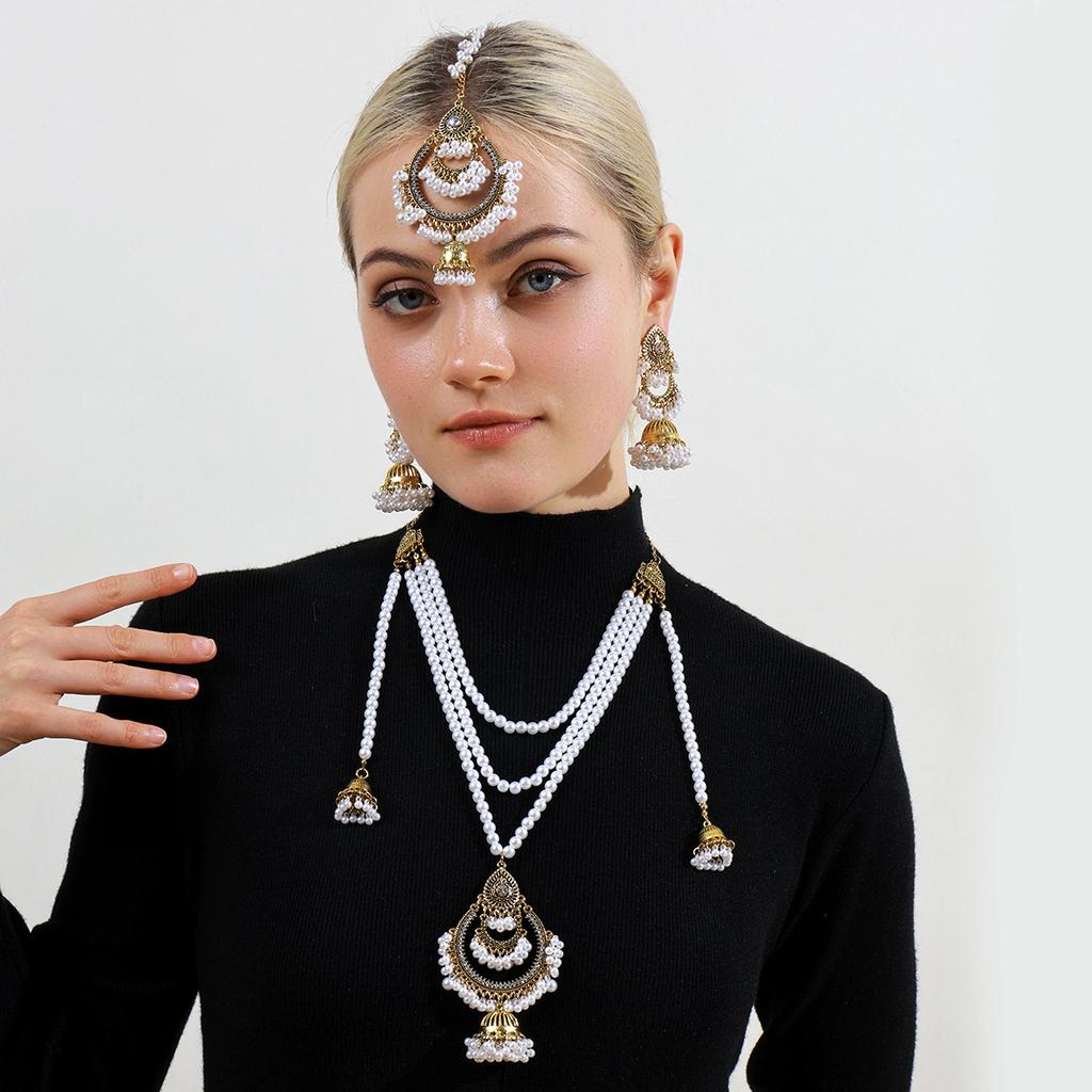 Multi-Layer Pearl Pendant Jewelry Set, Retro Heavy Industry Bohemian Fashion Earrings