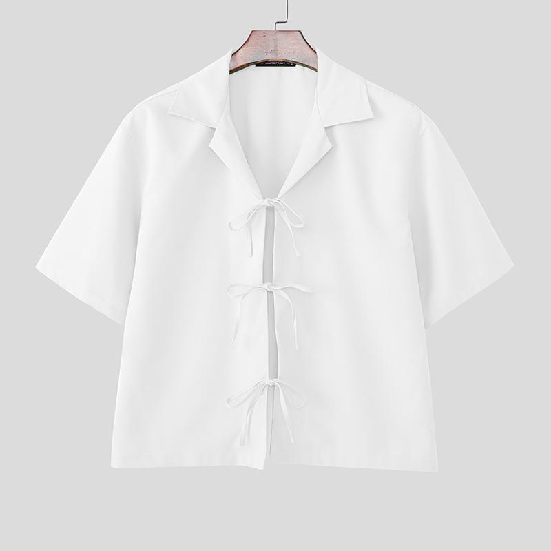 

INCERUN Oversized Men Casual Lapel Neck Short Sleeve Bow Knot Solid Color Shirts Tops S