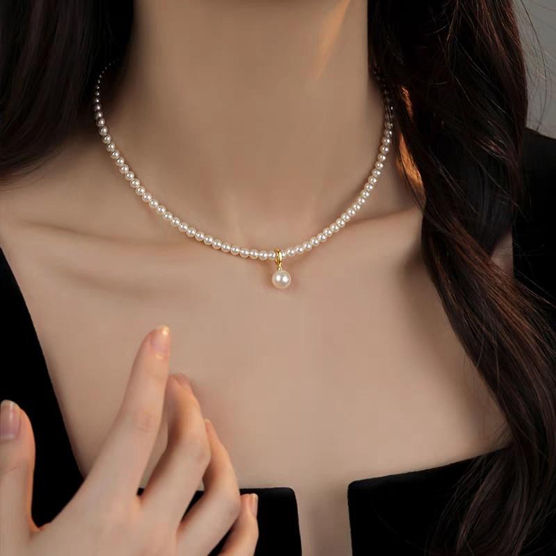 Minimalist Pearl Choker Necklace Women Handmade 3mm/4mm Warm White Imitation Chain Adjustable Length 385cm Or 405cm