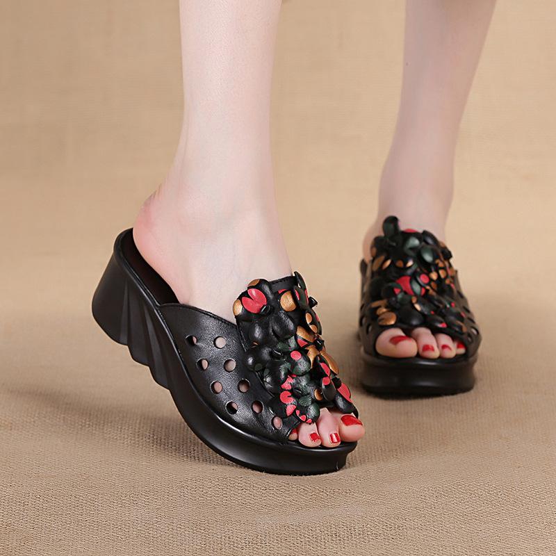 6cm Ethnic Style Slippers Women Wear Thick-soled Wedges and Fashionable Flowers In Summer, Comfortable High-heeled Sandals