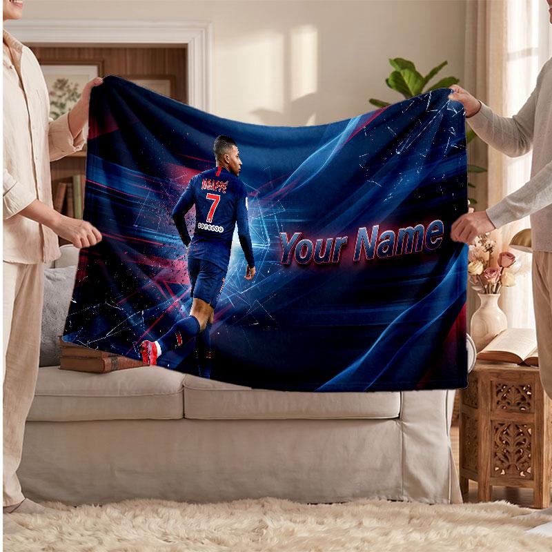 Couverture polaire personnalisée Kylian Mbappe avec logo de football, texte de nom personnalisé, couverture jetée douce et chaude pour la maison