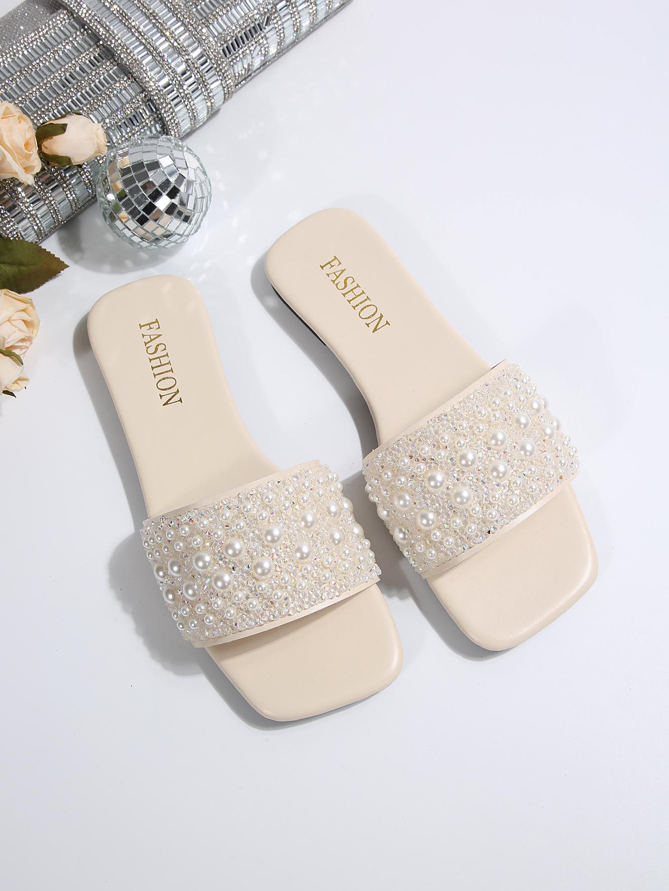 

[Foreign Trade] Fashion one-word sandals trendy slippers women s summer versatile outer wear flat beach shoes 43 белый