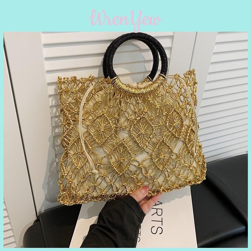Summer Woven Straw Tote Bag For Beach Vacation With Metal Hollow Design For Casual Daily Use