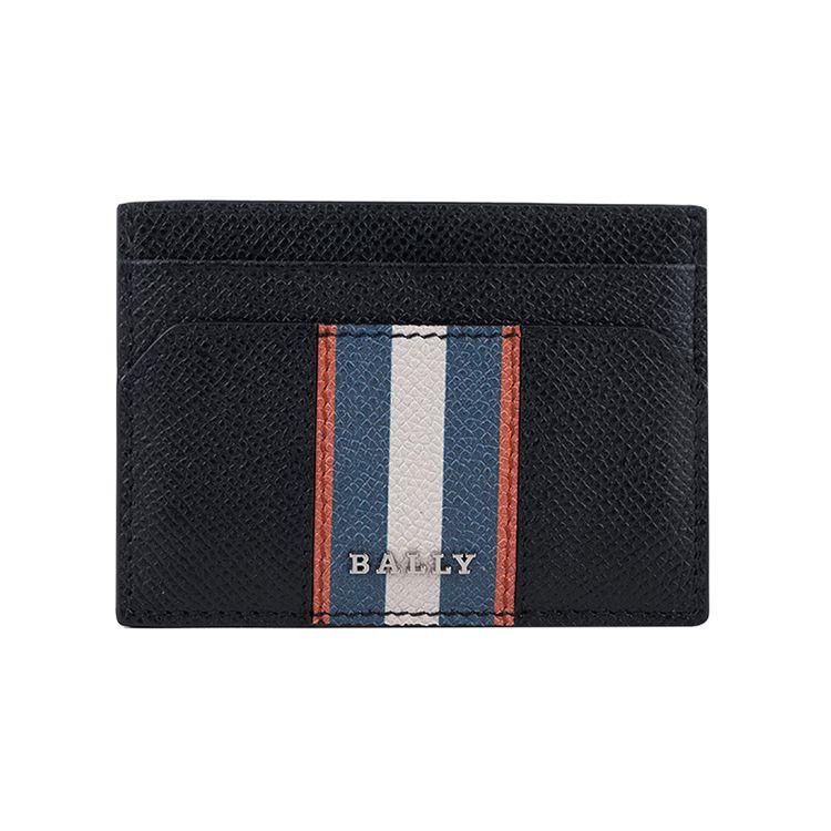 Bally Classic Letter Logo Striped Color Block Leather Card Holder Wallet Mini Men wallet Black Blue 6300159 Basic Set (Bag+Dust Bag)