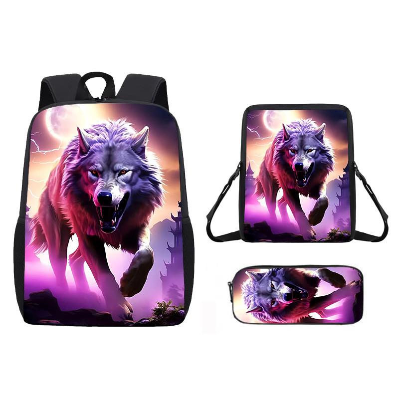 Pattern Animal Wolf Backpack Kids Shoulder Bag Pencil Case Student Use School