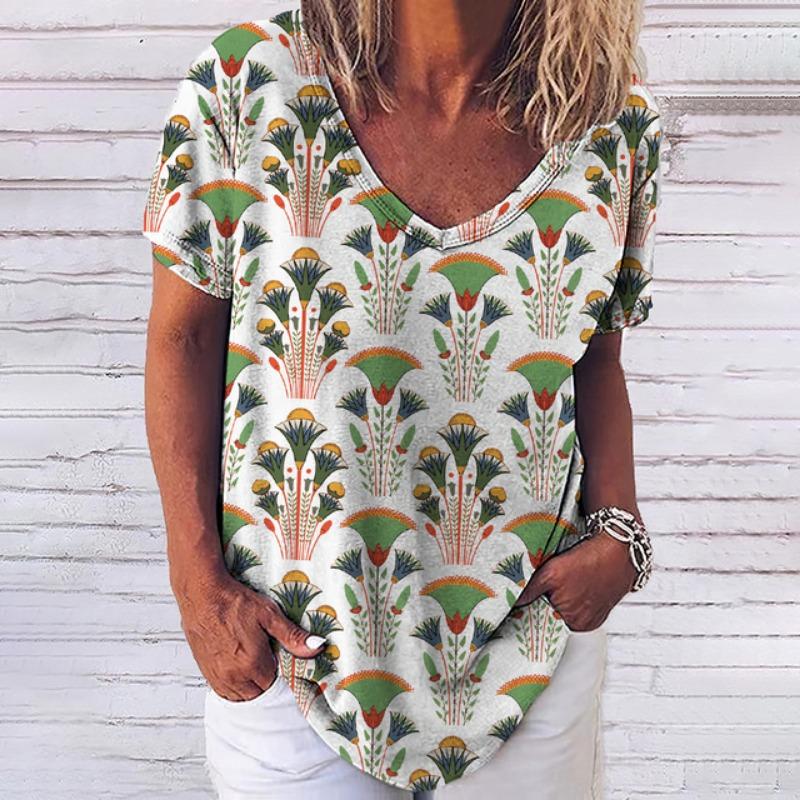 Summer T Shirt For Women 3d Fashion Geometric Print V Neck Short Sleeve Basic Tops Streetwear Casual Oversized Female Clothing