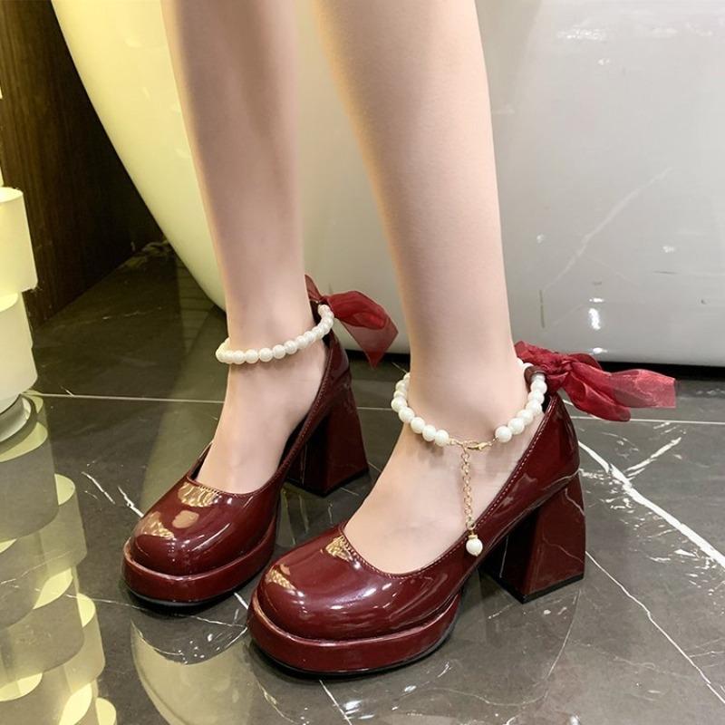 2026 White Butterfly Knot Fairy Pearl High Heels Waterproof New Arrival Spring Autumn Style Low Cut Jane Shoes