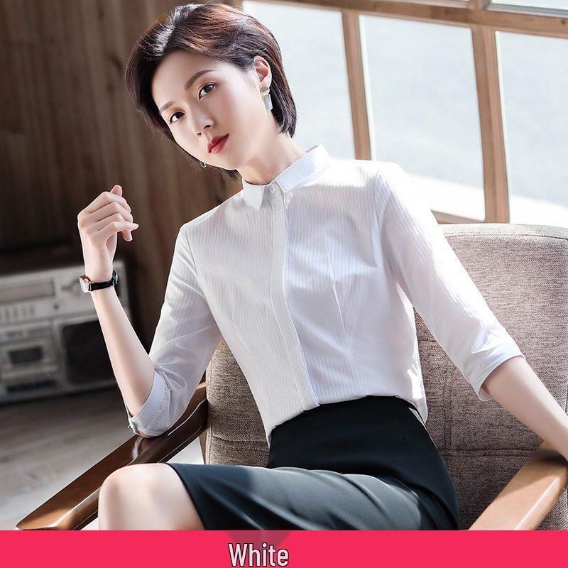 Women's Blue Striped Slim-Fit Work Shirt with Mid-Length Sleeves for Spring/Summer