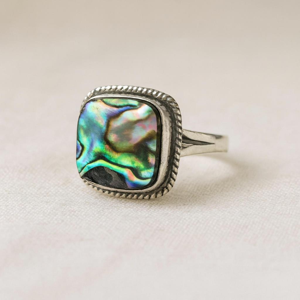 Abalone Shell 925 Sterling Silver Ring, Cushion Cut Stone, Rope Bezel, Vintage Style Boho Statement Ring, Ocean Beach Jewelry