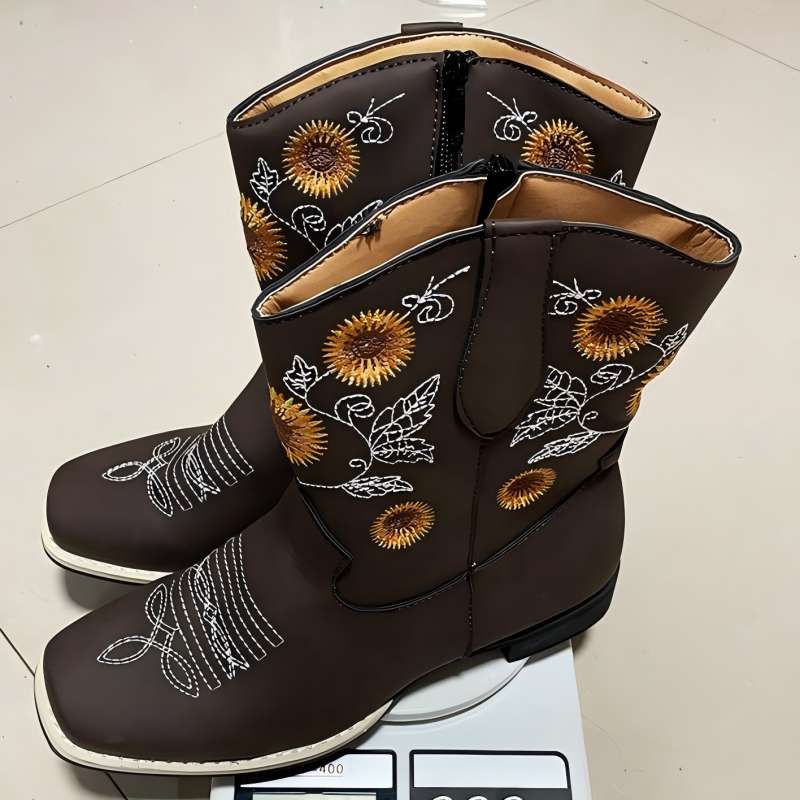 Plus Size Women's Mid Calf Boots 2026 Autumn European and American Style V Embroidery Sunflower Design Fashion Boots for Woman