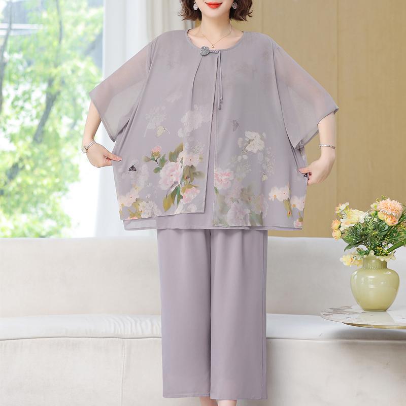 Nadměrná velikost 4XL-8XL Letní Oversize Šifonové Dvou dílné Sety Dámské Oblečení Poloviční Rukáv Ležérní Elegantní Volné Široké Nohy Kalhotové Sety