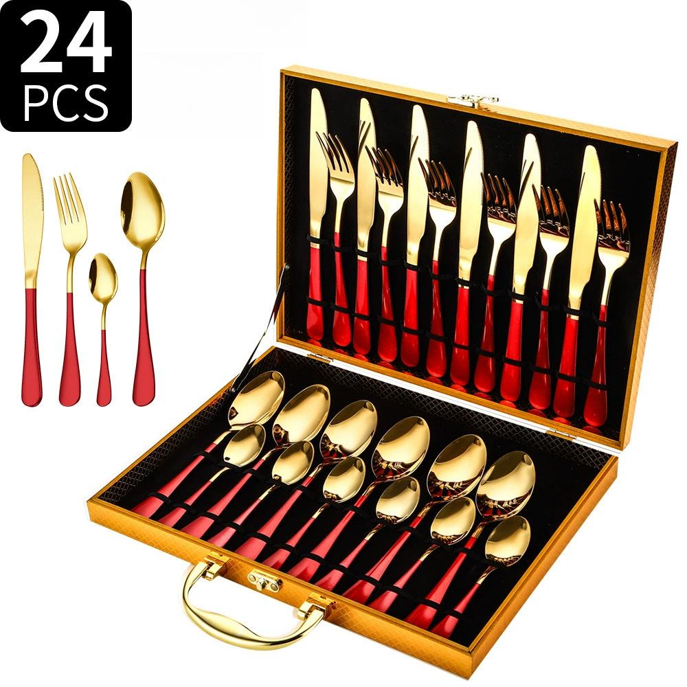 24PCS Stainless Steel Metal Cutlery Knife Fork Spoon Set with Storage Gift Box Quality Cutlery Set for Home Restaurant Tableware