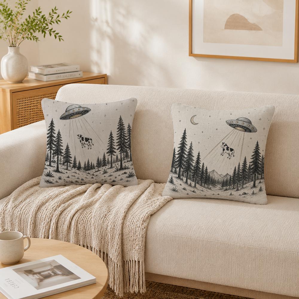 UFO Cow Sci Fi Aesthetic Forest Pillow Case Double-Sided Plush Sofa Cushion Covers Organic Breathable Invisible Zipper