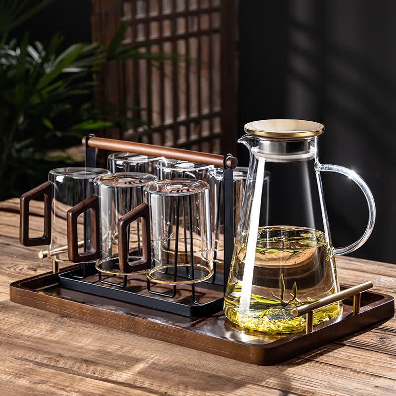 Heat-Resistant Glass Teacup Set with Wooden Handle