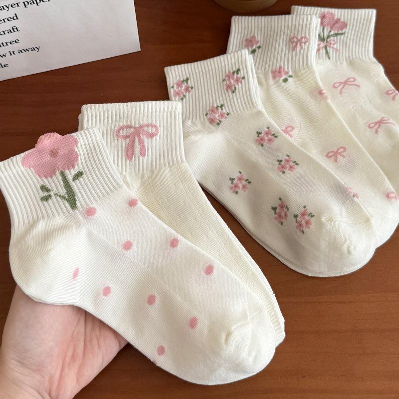 Women's Summer Lightweight Short Socks with Bows All Over, Featuring Flowers, Cute and Versatile, with Mesh Ventilation and Cotton Material.