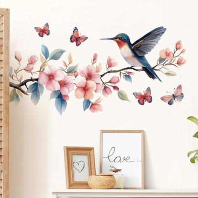 Self-adhesive Pink Peach Blossom Butterfly Hummingbird Wall Stickers for Bedroom Living Room Dorm Home Decor