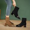 High Heel Short Boots New Year's Boots Splicing Square Head Spring and Autumn Single Boots Thick Heel Retro Horse Buckle Medium Boots