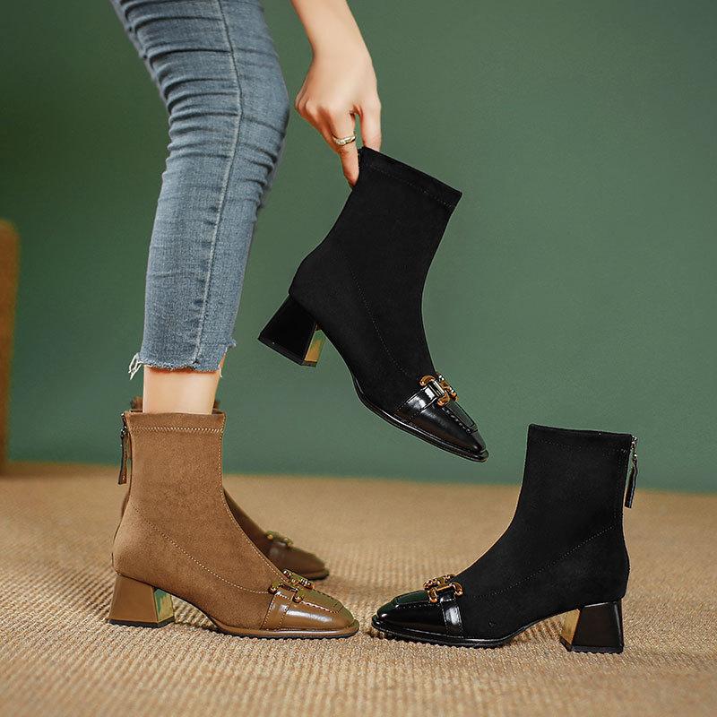 High Heel Short Boots New Year's Boots Splicing Square Head Spring and Autumn Single Boots Thick Heel Retro Horse Buckle Medium Boots