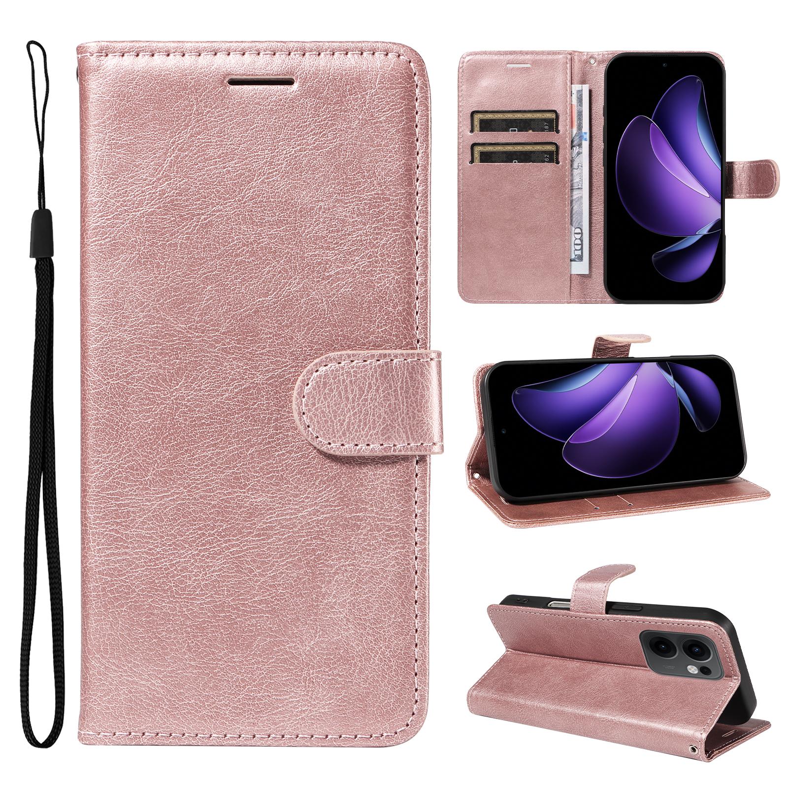

For Oppo Reno13 F 5G Leather Wallet Case with Strap Solid Color Phone Stand Cover Rose Gold
