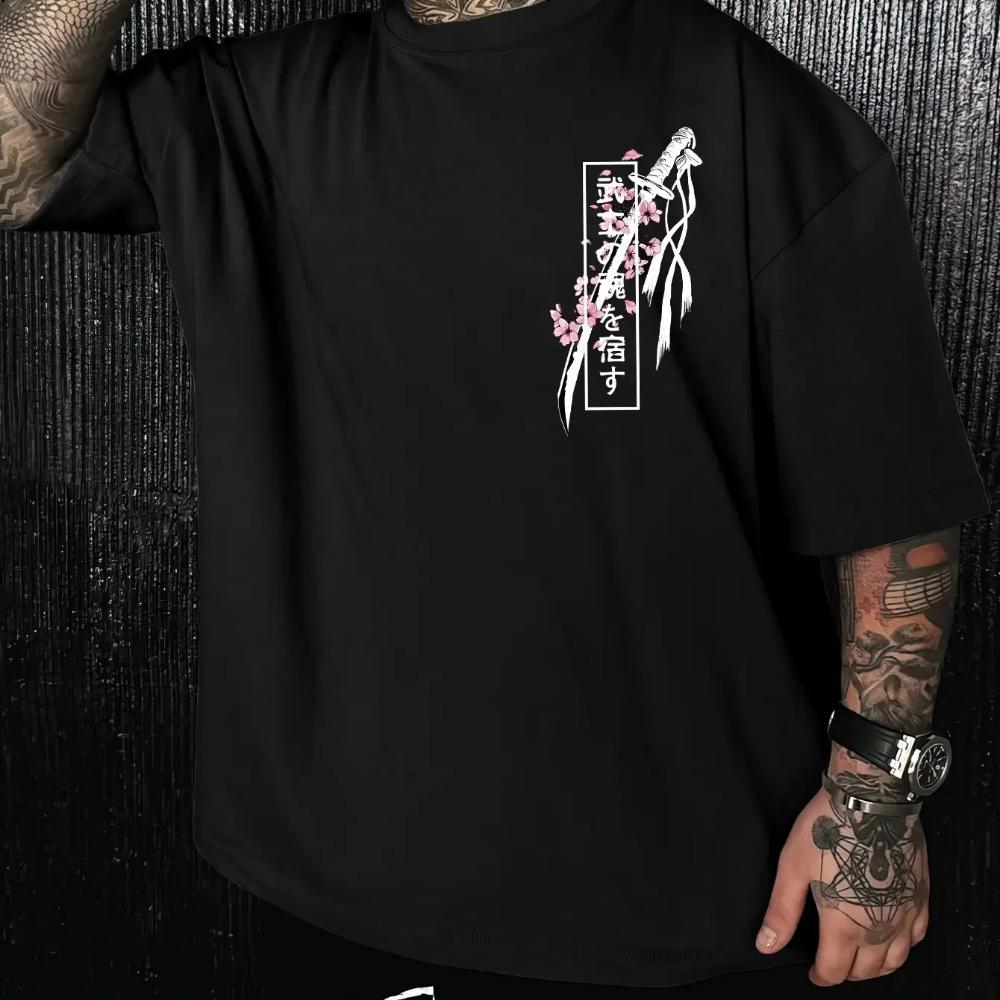 Japanese Samurai Sword Sakura Print Cotton Men Women T-shirt Summer Autumn Daily Outdoor Sports Casual Street Short-sleeve