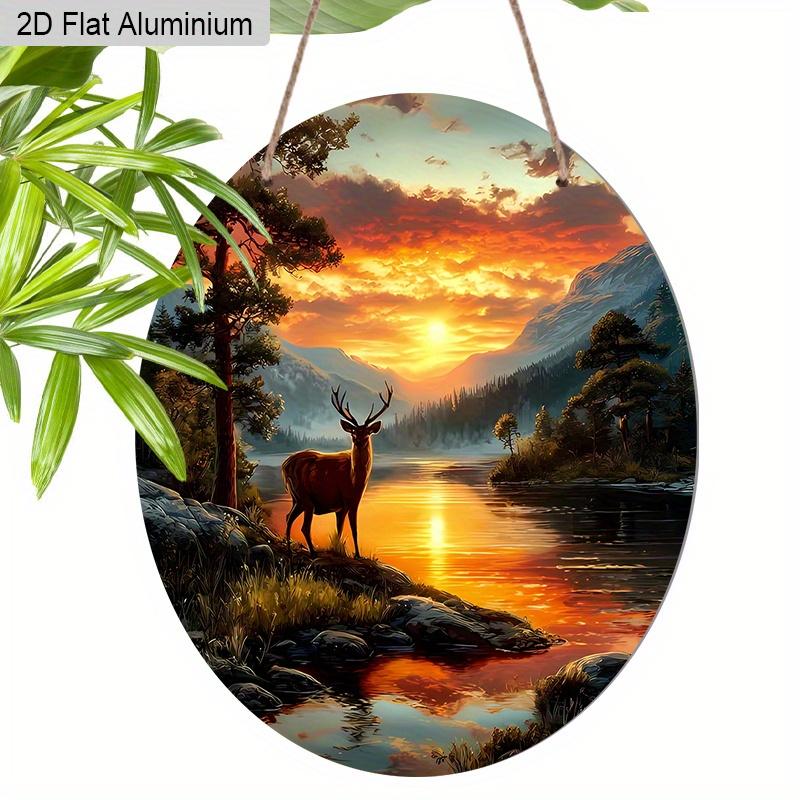 2D Flat Adorable Fawn Christmas Wreath Aluminum Sign -Fawn By The Lake in The Sunset in The Forest Design, Humorous and Festive Christmas Decoration