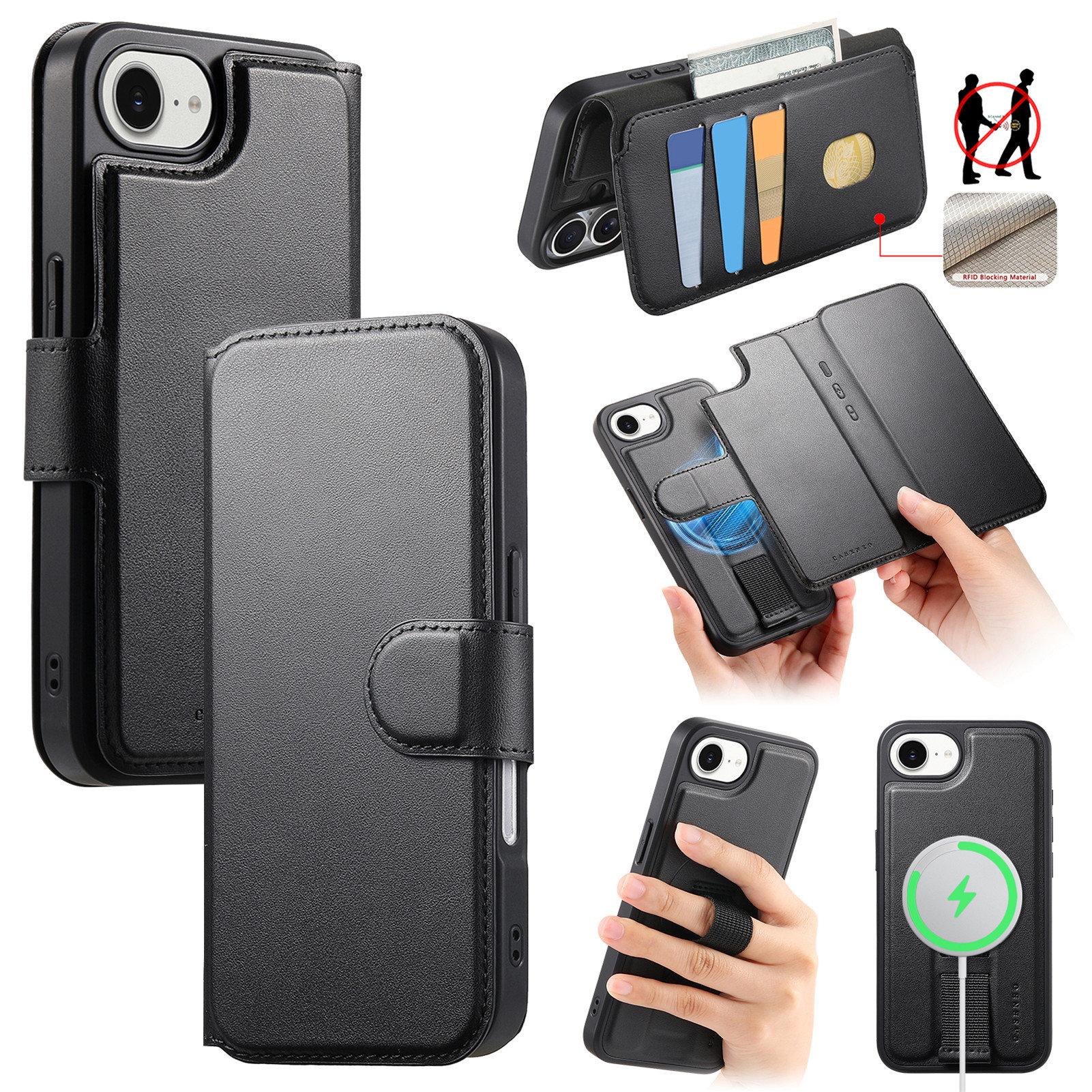 

For iPhone 16e Magnetic Case CASENEO RFID Blocking Wallet Detachable Leather Phone Cover with Wristband Black