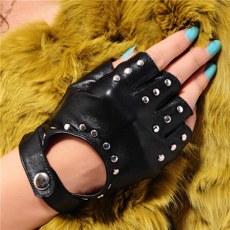Guantes de Verano Punk de Piel de Oveja sin Dedos con Remaches para Mujer