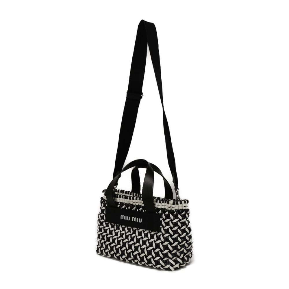 Used Intreccio Woven Tote Bag (12166), 5BA077 2D3N F0967 7922, White, 2-Way Shoulder Bag with Embossed Logo, Black,