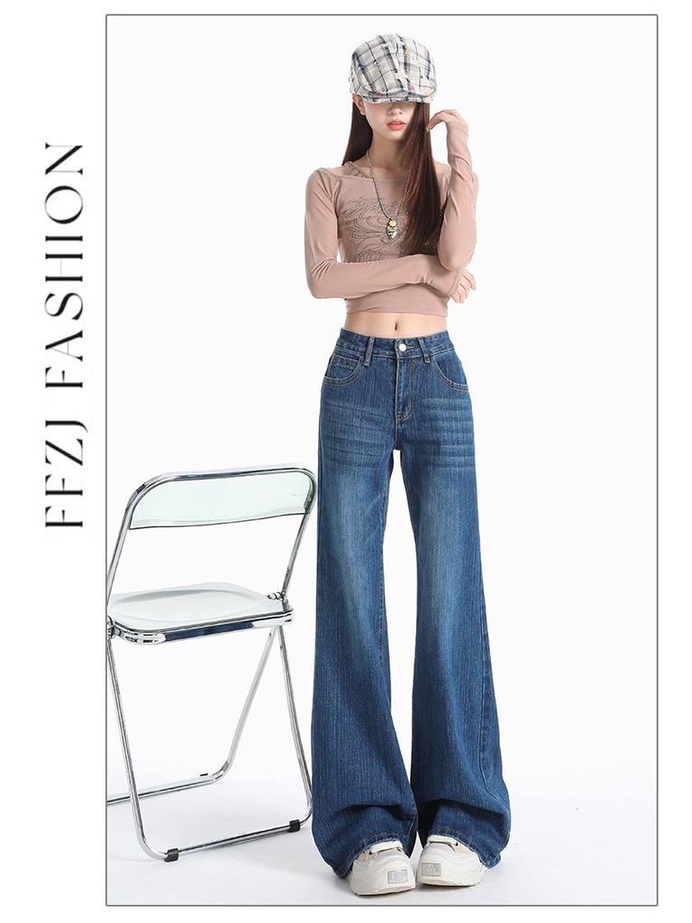 Women's Bamboo Texture Micro-Flare Jeans - Mid-Low Waist, Slimming Straight Leg - New for 2025 Autumn/Winter Collection.