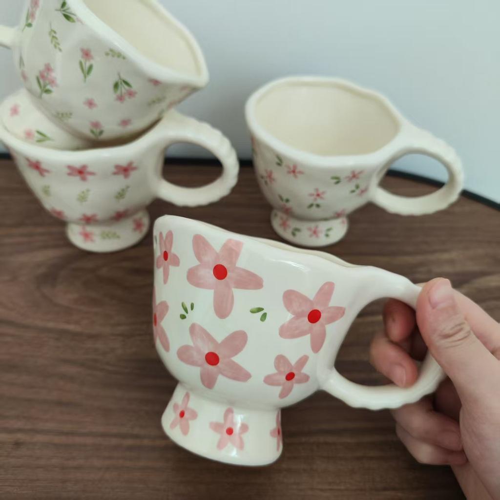 2pc,Floral pattern,Hand-kneaded,Flower,Fresh and elegant,Mug,Coffee cup,Goblet,French-style,Underglaze color,Hua Hua