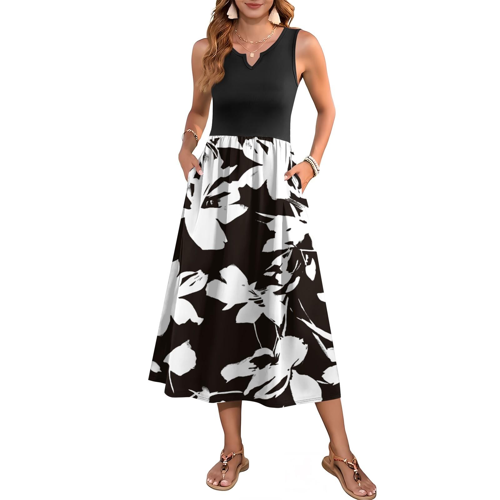 

Женское платье без рукавов с цветочным принтом и высокой талией, модное и элегантное S